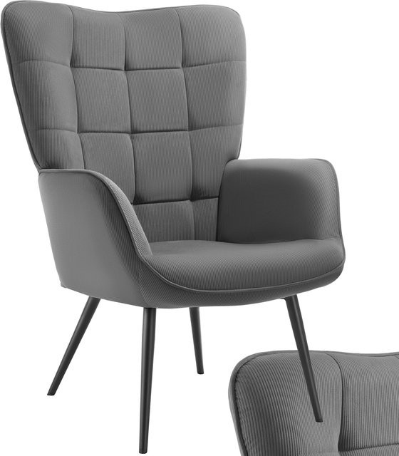 tectake Hygge Sessel gepolstert mit Armlehnen aus Feincord in Anthrazit-Schwarz B/T/H: 72 x 76 x 100,5 cm - Bild 1