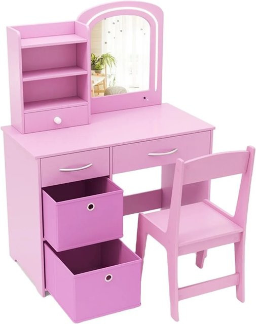 Costway Kinder Schminktisch mit LED-Beleuchtung, Spiegel und Box in Rosa - Bild 1