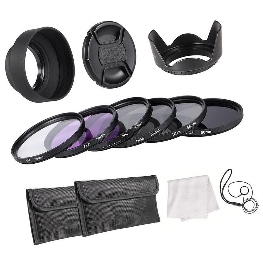 Objektivfilter-Set 58mm mit UV, CPL, FLD und ND2/ND4/ND8 Filtern inklusive Tragetasche, Objektivdeckel, Deckelhalter sowie Tulpen- und Gummi-Objektivschutz in Schwarz - Bild 2