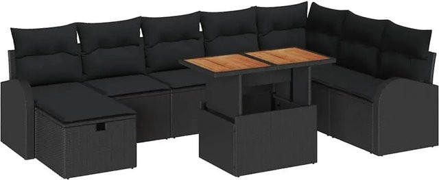 vidaXL Garten-Sofa-Set aus Poly Rattan und Akazienholz mit Kissen, 9-teilig, Schwarz - Bild 1