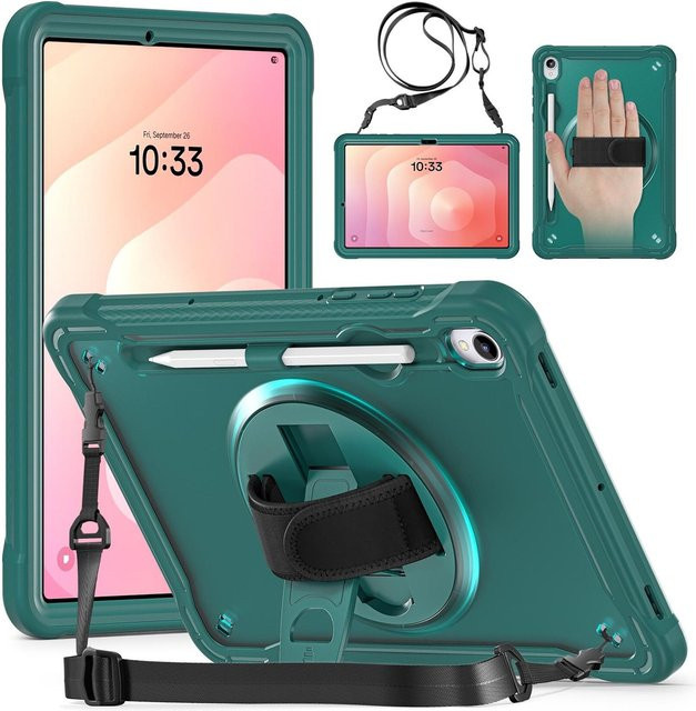 Samsung Galaxy Tab S11 Schutzhülle mit 360 Grad Ring, Handgriff und Schultergurt in Grün - Bild 1
