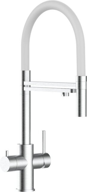 VIZIO Küchenarmatur aus Edelstahl mit 5-Wege-Wasserhahn, 360° schwenkbarem Auslauf und abnehmbarer 2-Strahl Handbrause, Farbe: Weiß/Silber - Bild 1