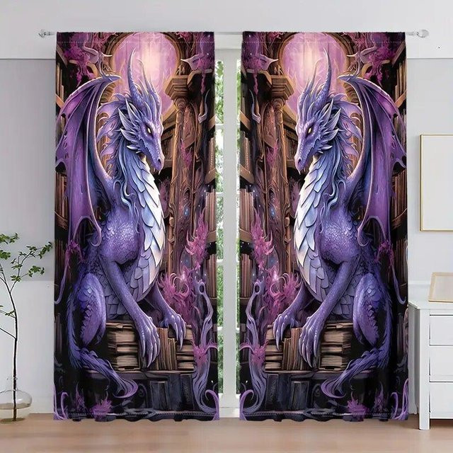 Tonnika Chen Vorhänge mit edlem Drachenmuster in Lila, Set aus 2 Stück, Breite: 100 cm, Höhe: 70 cm - Bild 1