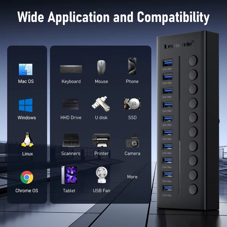 Lemorele TC119 USB C Hub mit 10 Ports, USB 3.0 Dockingstation für MacBook, Laptop, PC und Smartphone - Bild 5