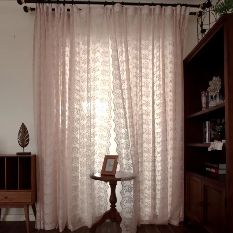 Rosa transparenter Jacquard-Vorhang mit floralem Design und Makramee-Spitze im Shabby-Chic-Stil - Bild 4