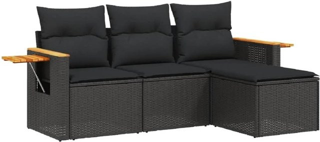 vidaXL 4-tlg Garten-Sofagarnitur aus Poly-Rattan und Akazienholz in Schwarz mit Kissen Modell 67 - Bild 1