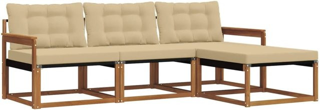 vidaXL Outdoor-Sofagarnitur aus Akazienholz mit Kissen und Ottoman, 4-teiliges L-Shape Set, Braun und Beige - Bild 1