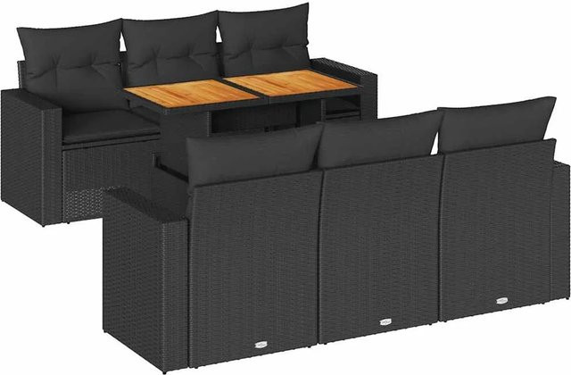 vidaXL 7-teilige Garten-Sofagarnitur aus Poly-Rattan und Akazienholz in Schwarz mit Kissen - Bild 1