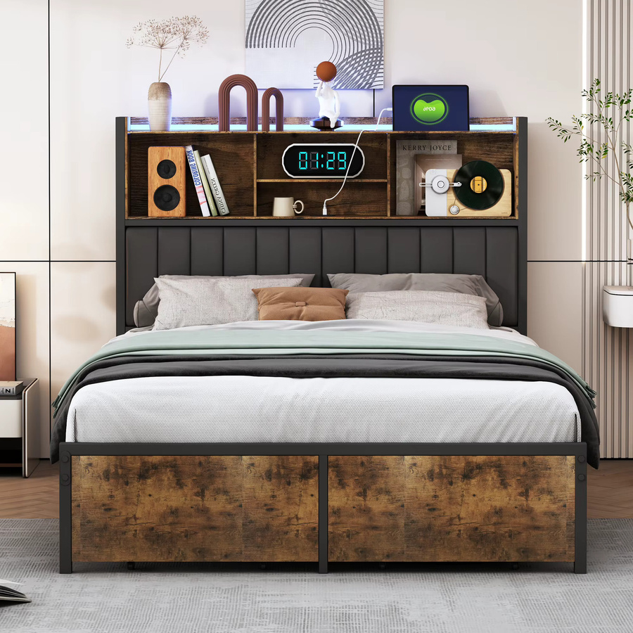 Anajqaqia Doppelbett im Industriestil aus Metall und Holz mit LED-Beleuchtung, 2 Schubladen und Stauraum im Kopfteil, Schwarz, B/T/H: 140 x 200 cm - Bild 3