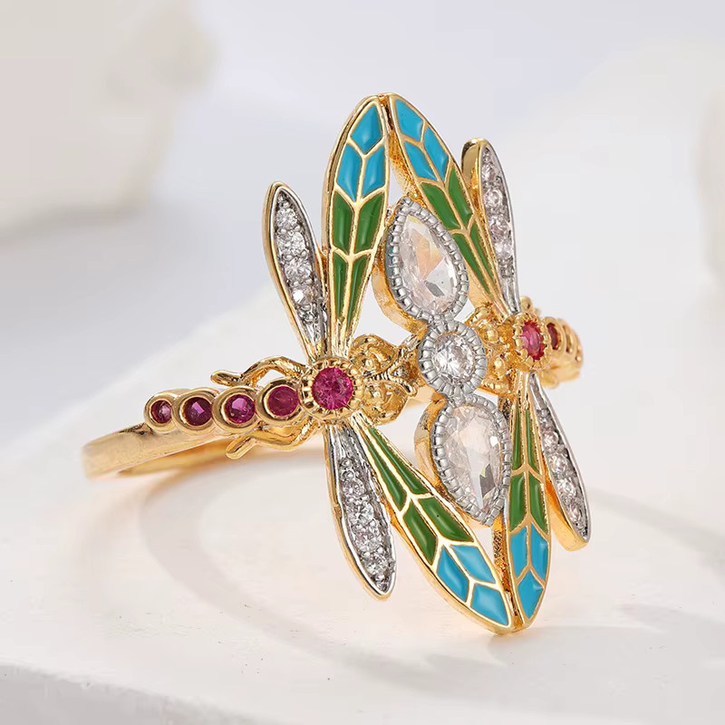Ring Libelle, Gold, rosa-weiße Zirkonia, Damen, Vintage - Bild 2