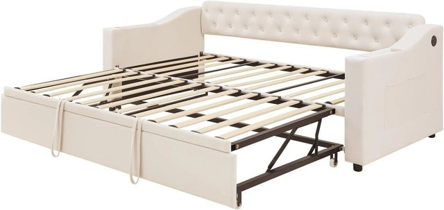 Merax Schlafsofa mit USB-Ladefunktion aus Samt in Beige, B/T/H: 90 x 190 cm - Bild 1