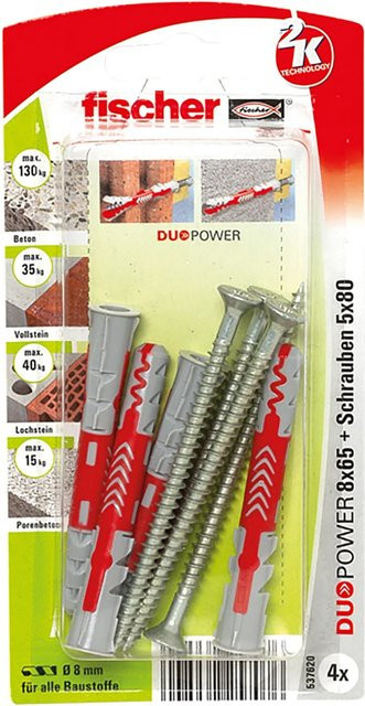 Fischer DuoPower Universal Dübelset mit Schrauben, Durchmesser: 8 mm, Länge: 65 mm, Mehrfarbig - Bild 2