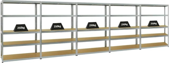 5er Set PROREGAL Schwerlastregal Big Elephant S, silber, H x B x T: 180 x 120 x 45 cm, Fachlast 250 kg, verstellbare Regalböden aus MDF und Metall - Bild 1
