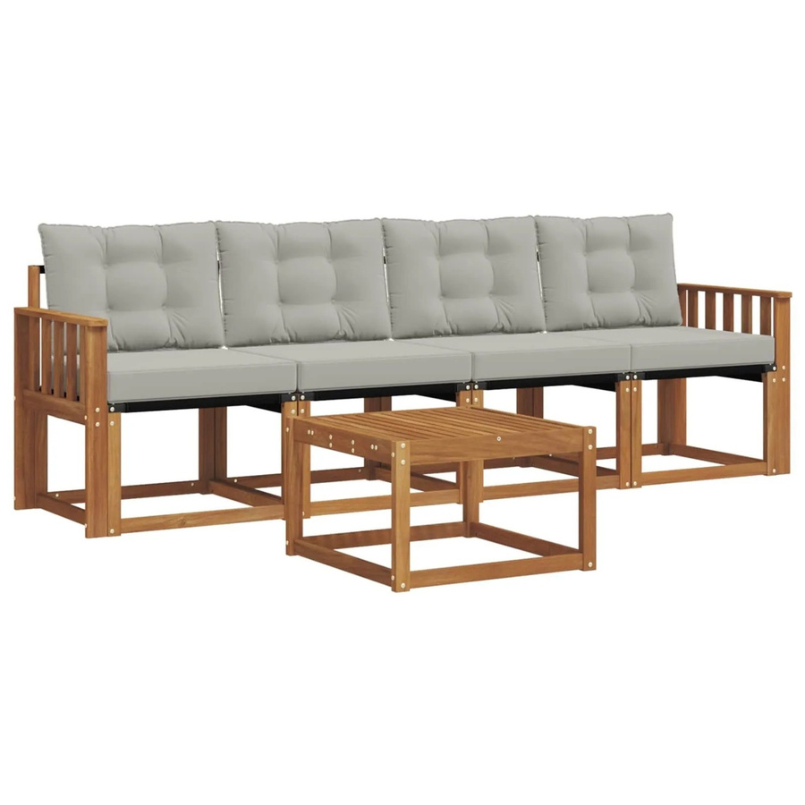 vidaXL Outdoor-Sofagarnitur 5-teilig aus Akazienholz mit Textilene und Kissen in Natur und Hellgrau - Bild 2