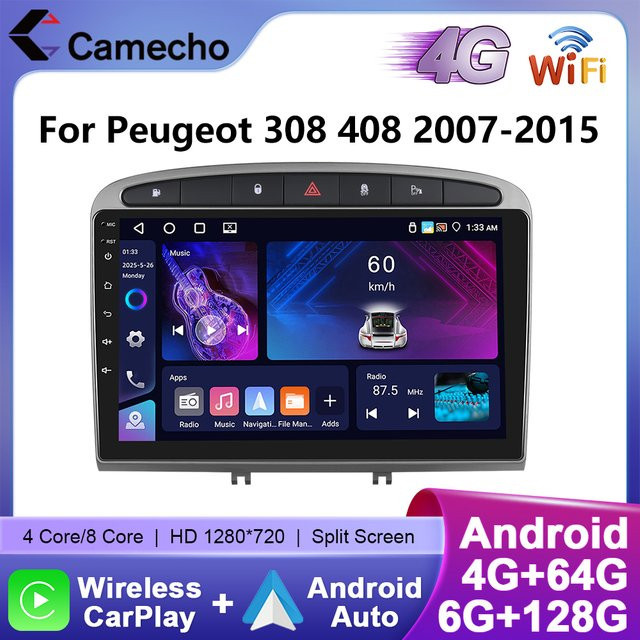 Camecho Wireless Carplay Android Auto Radio für Peugeot 308 408 2007-2015 mit 6 GB RAM + 128 GB Speicher, 4G, WIFI und GPS in Schwarz - Bild 1