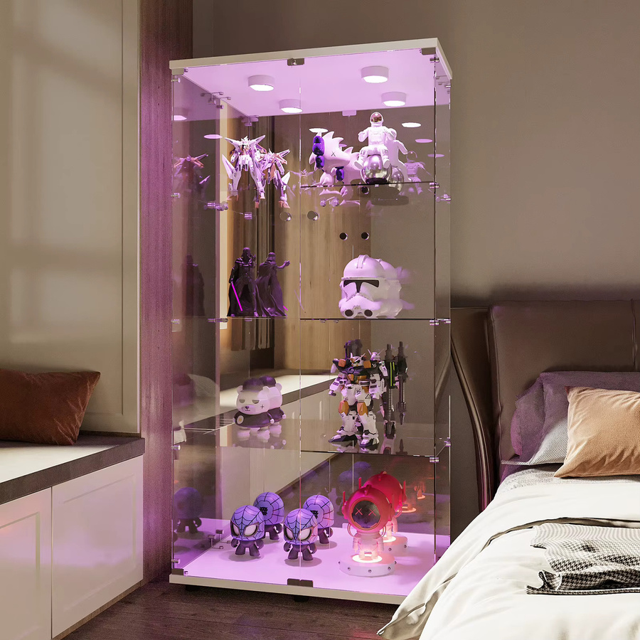 Fangange 4-stöckige Glas-Vitrine mit LED-Beleuchtung in Weiß, moderne Ausstellungsvitrine mit Doppeltür für dein Wohnzimmer - Bild 3