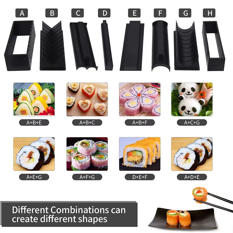 LMETJMA 10-teiliges Sushi-Maker-Set aus Kunststoff in Schwarz zur Herstellung von Sushi-Reisbrötchen, rechteckige Formpresse KC0473 - Bild 3