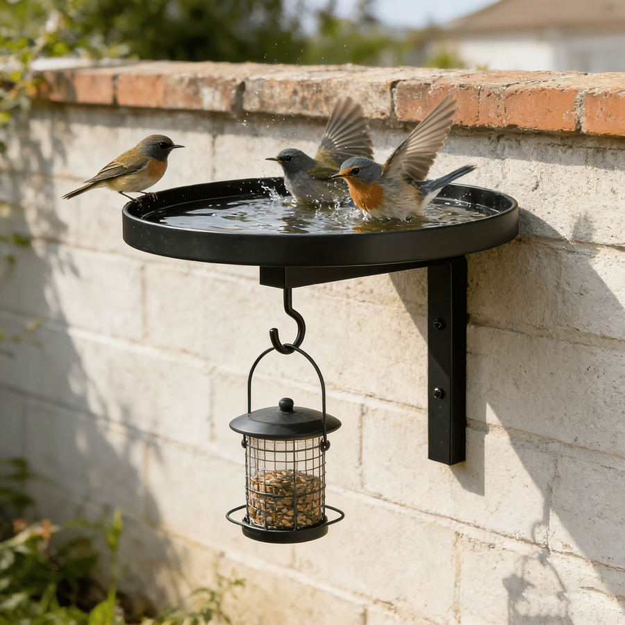 Wandmontiertes Metall-Vogelbad mit Futterhaken für Garten und Terrasse - Bild 2