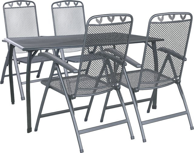 GREEMOTION Gartentischgruppe Toulouse in Eisengrau, bestehend aus einem ausziehbaren Tisch und 4 Klappstühlen aus Stahl, B/T/H: 140 x 74 x 90 cm - Bild 1