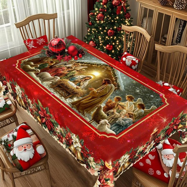 Beau Maison Weihnachts-Tischdecke im Vintage-Bauernhaus-Stil mit Weihnachtsmann, Rentier und Weihnachtsbaum, rot, B: 152 cm, T: 305 cm - Bild 1