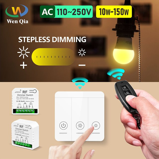 WenQia kabelloser 433 MHz LED-Dimmer in Weiß für LED-Birnen und Halogenlampen, 10–150 W, AC 230 V/220 V/110 V - Bild 1