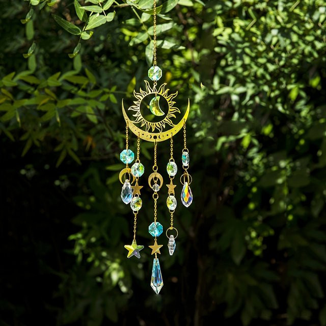 Goldenes Stern und Mond Windspiel aus Metall als geometrischer Anhänger und Sonnenfänger zur Gartendekoration - Bild 1