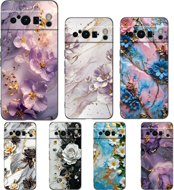 Stoßfeste TPU-Handyhülle mit Blumen-Marmor-Design für Google Pixel 10, 9, 8, 7, 6 Pro XL und weitere Modelle in Schwarz und Multicolour - Bild 1