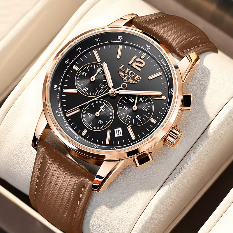 LIGE Chronograph Armbanduhr, Quarz, Leder, Roségold, Bicolor, Herren - Bild 5