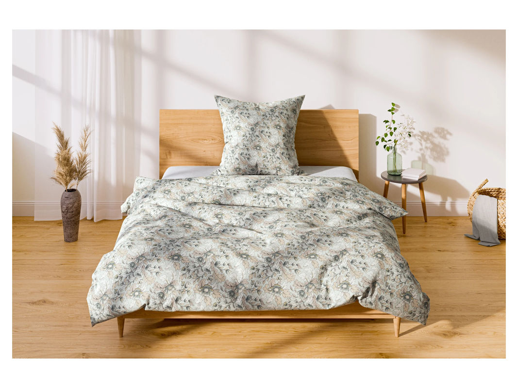LIVARNO HOME Bettwäsche Edel-Renforcé aus Baumwolle mit Blumenmuster in Grün und Braun, Bettbezug 155 x 220 cm und Kissenbezug 80 x 80 cm - Bild 2