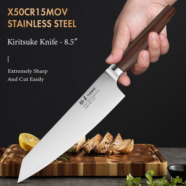 Turwho Kiritsuke Messer aus High Carbon Edelstahl x50cr15mov in Silber mit Holzgriff, 21,59 cm - Bild 1
