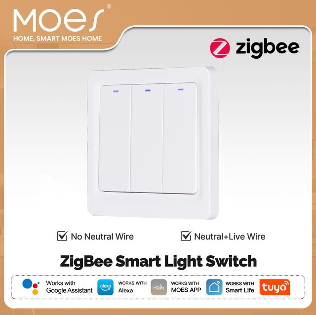 MOES Tuya ZigBee Smart Wandlichtschalter in Weiß mit optionalem Neutralleiter, magnetischem Relais und App-Steuerung für Amazon Alexa und Google Assistant - Bild 1