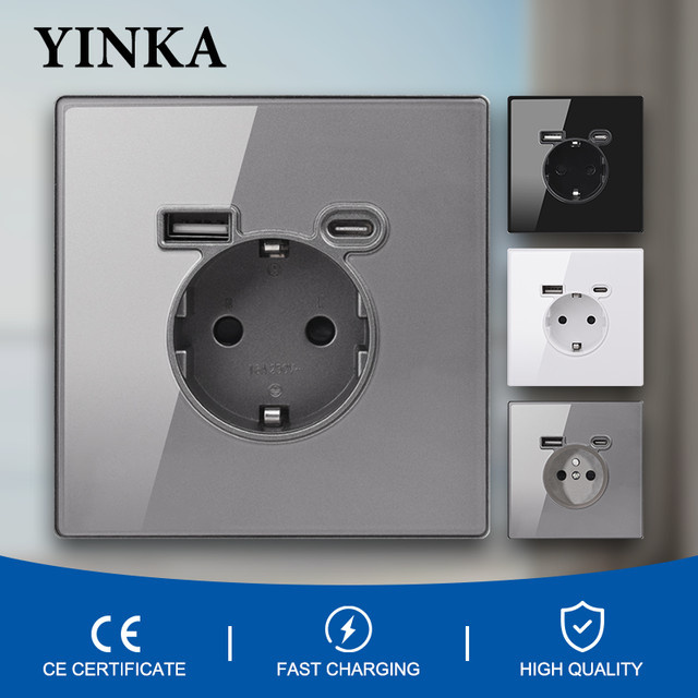 YINKA Wandsteckdose aus gehärtetem Glas mit USB-Typ-C-Ladeanschluss, 16A Universalsteckdose, B/H: 8,6 x 8,6 cm - Bild 1