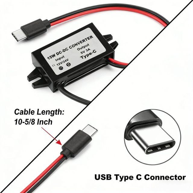 Waohei DC-DC Konverter Buck Modul von 12V/24V auf 5V mit USB-A und USB-C Buchse, schwarz, wasserdicht und staubdicht - Bild 1