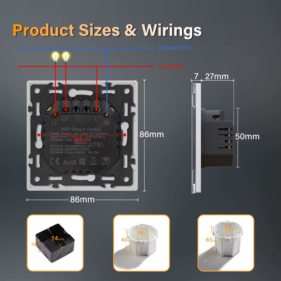 BSEED WIFI Smart Push Button Schalter mit Glas Panel und LED Anzeige, Tuya und Alexa Steuerung, 2-Wege App Fernbedienung für moderne Wandinstallation - Bild 3