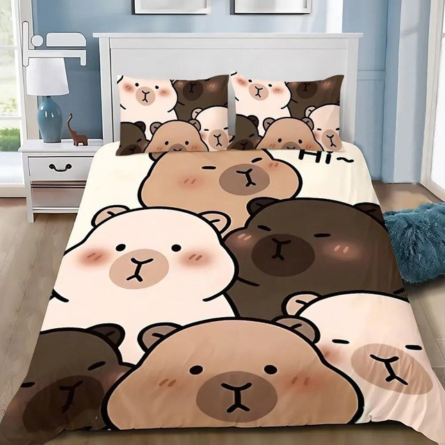 Bettwäscheset Allbestart mit Cartoon-Capybara-Aufdruck, 1 Bettbezug und 2 Kissenbezüge, Mikrofaser, Mehrfarbig, Breite: 140 cm, Länge: 210 cm - Bild 1
