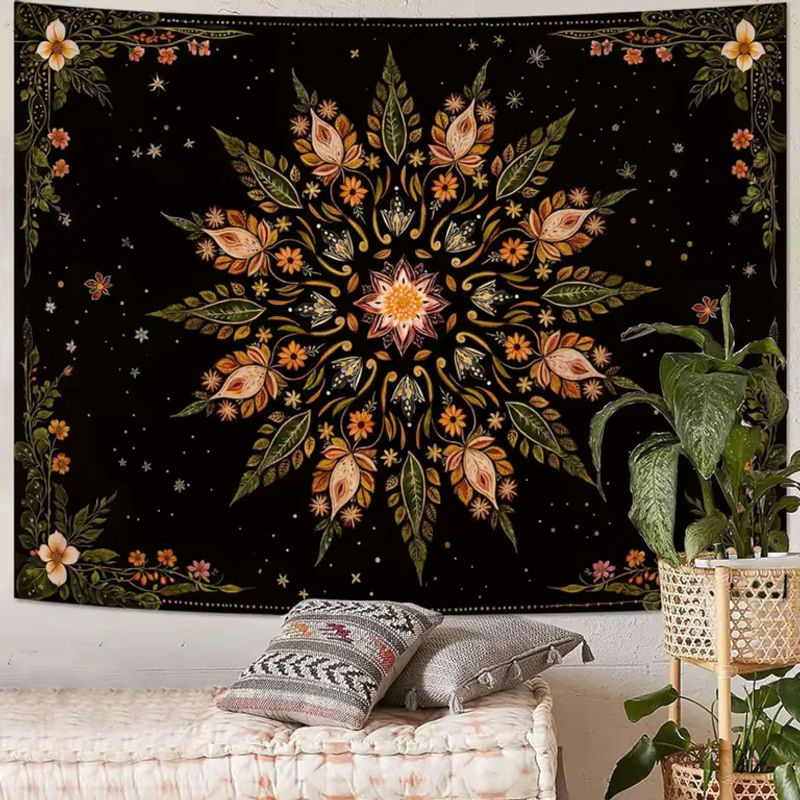 VIKAMA Bohemian Mandala Wandteppich mit floralem Print in Schwarz und Grün, rechteckiges Textil-Wandbild zur Dekoration - Bild 3