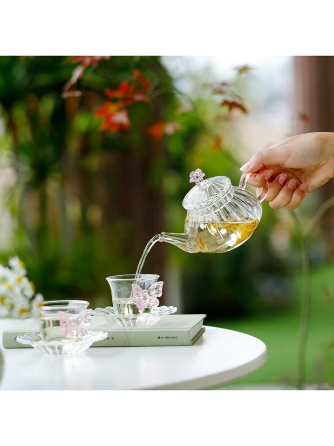 Mundgeblasene Wärmeglas-Blumen-Teekanne aus transparentem Glas mit Teesieb für losen Tee - Bild 5