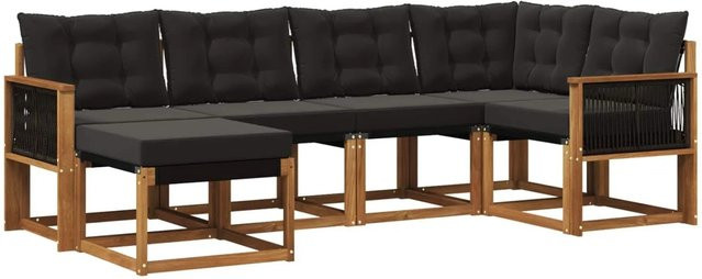 vidaXL Outdoor-Sofagarnitur L-Form aus Akazienholz und Textilene in Natur und Schwarz mit Kissen und Armlehnen - Bild 1