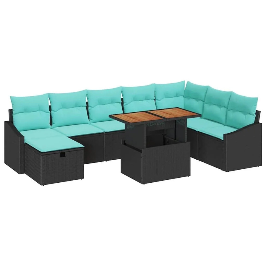 vidaXL Gartensofa-Set 9-teilig aus Poly-Rattan und Akazienholz in Schwarz mit Kissen und Stauraum - Bild 2