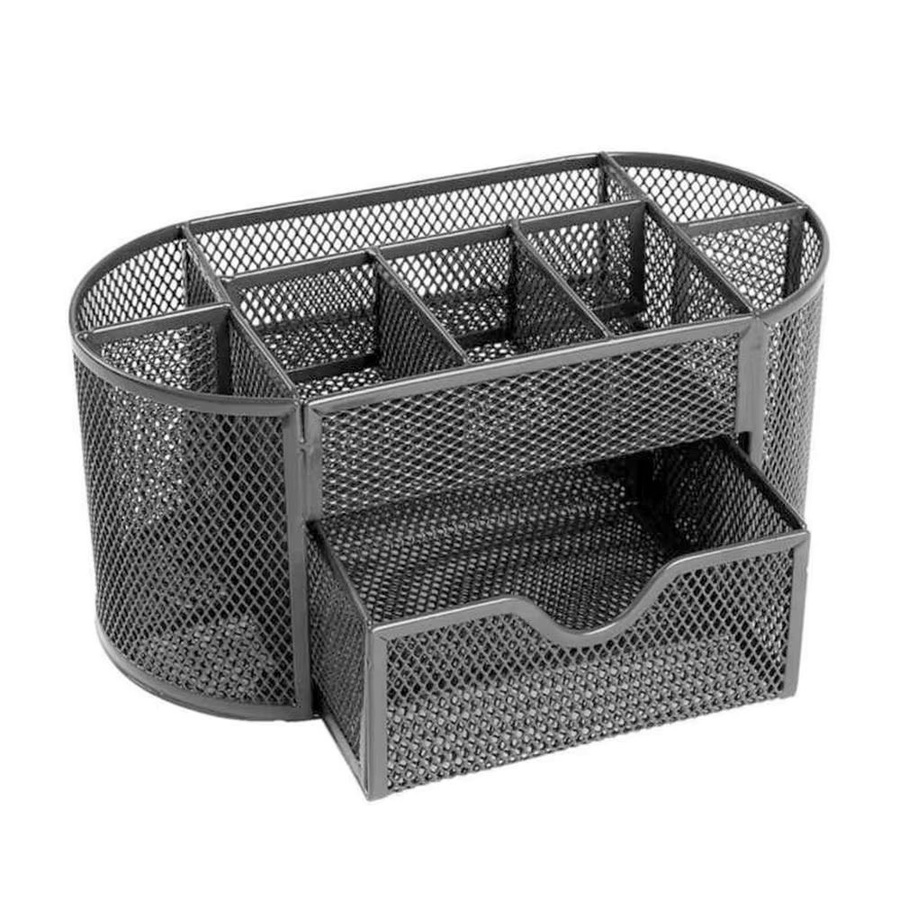 Schreibtisch Organizer aus Metall mit 9 Fächern und Schublade für Büro und Schule, Schwarz oder Silber - Bild 2