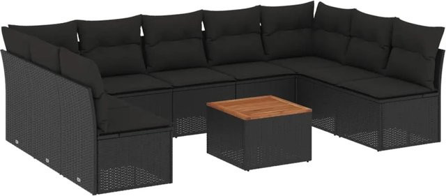 vidaXL 10-tlg Garten-Sofagarnitur mit Kissen in Schwarz aus PE-Rattan und pulverbeschichtetem Stahl - Bild 1