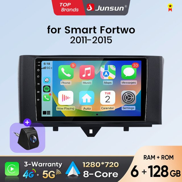 Junsun Android Auto Autoradio für Smart Fortwo 451 mit Wireless Apple CarPlay, Bluetooth und IPS Touchscreen, 2 Din Multimedia Head Unit in Schwarz - Bild 1