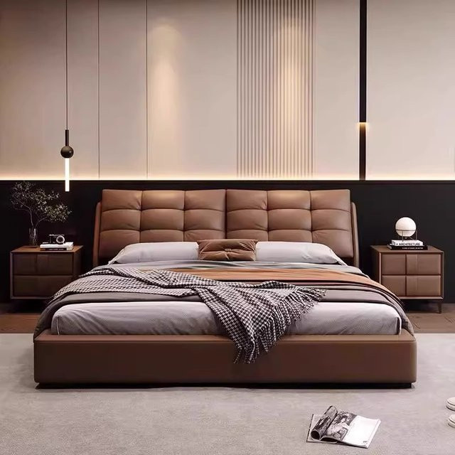 ZHIO Doppelbett mit Stauraum und Lift-up-Funktion aus Metall und braunem Kunstleder - Bild 1