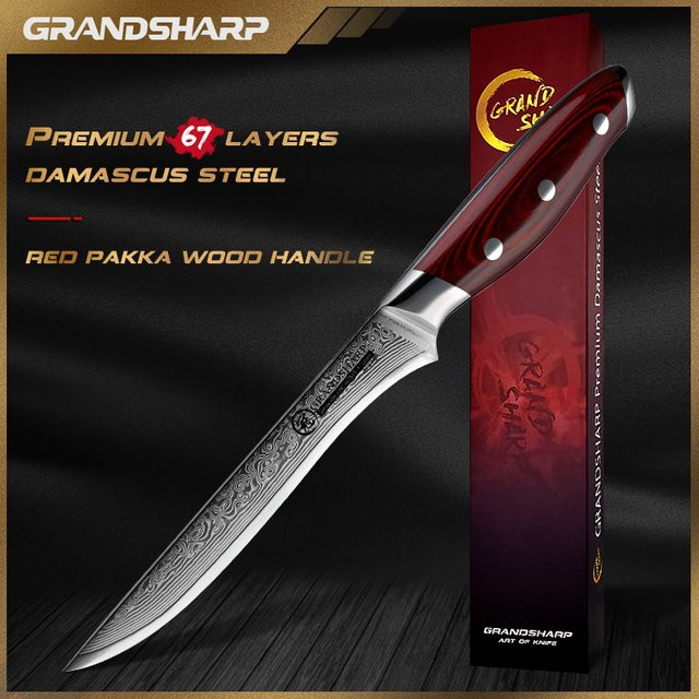 Grandsharp Ausbeinmesser Japanisch mit 67 Schichten Damast, AUS-10 Stahl und Pakka Holzgriff, 12,7 cm - Bild 1