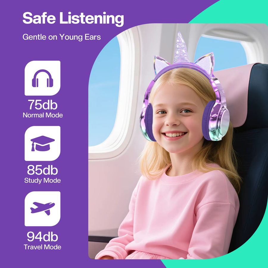 QearFun Einhorn-Bluetooth-Kopfhörer für Kinder und Mädchen in Lila, faltbares Katzenohr-Headset - Bild 4