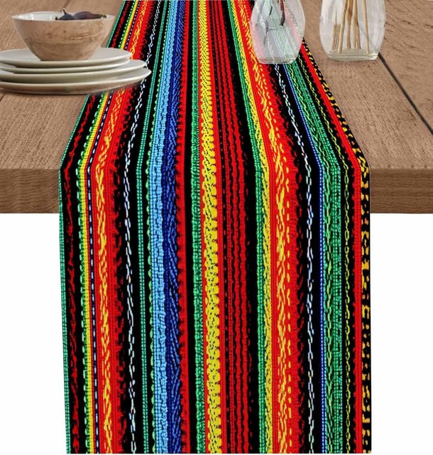JINGYUE Pet Tischläufer Mexiko Tag der Toten aus Leinen mit bunten Streifen, B/T: 150 x 33 cm - Bild 1
