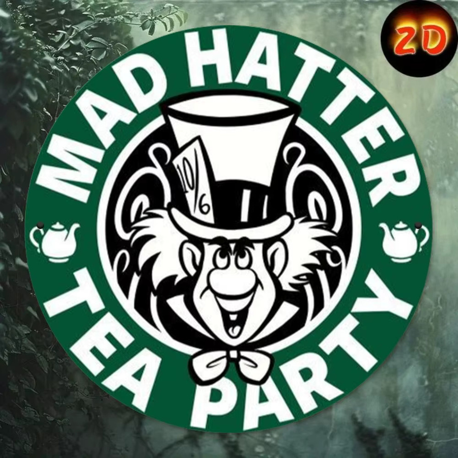 Mad Hatter Tea Party Metallblechschild von Potdemiel, rundes Wandkunst-Schild in Grün und Weiß, Durchmesser: 20 cm - Bild 4