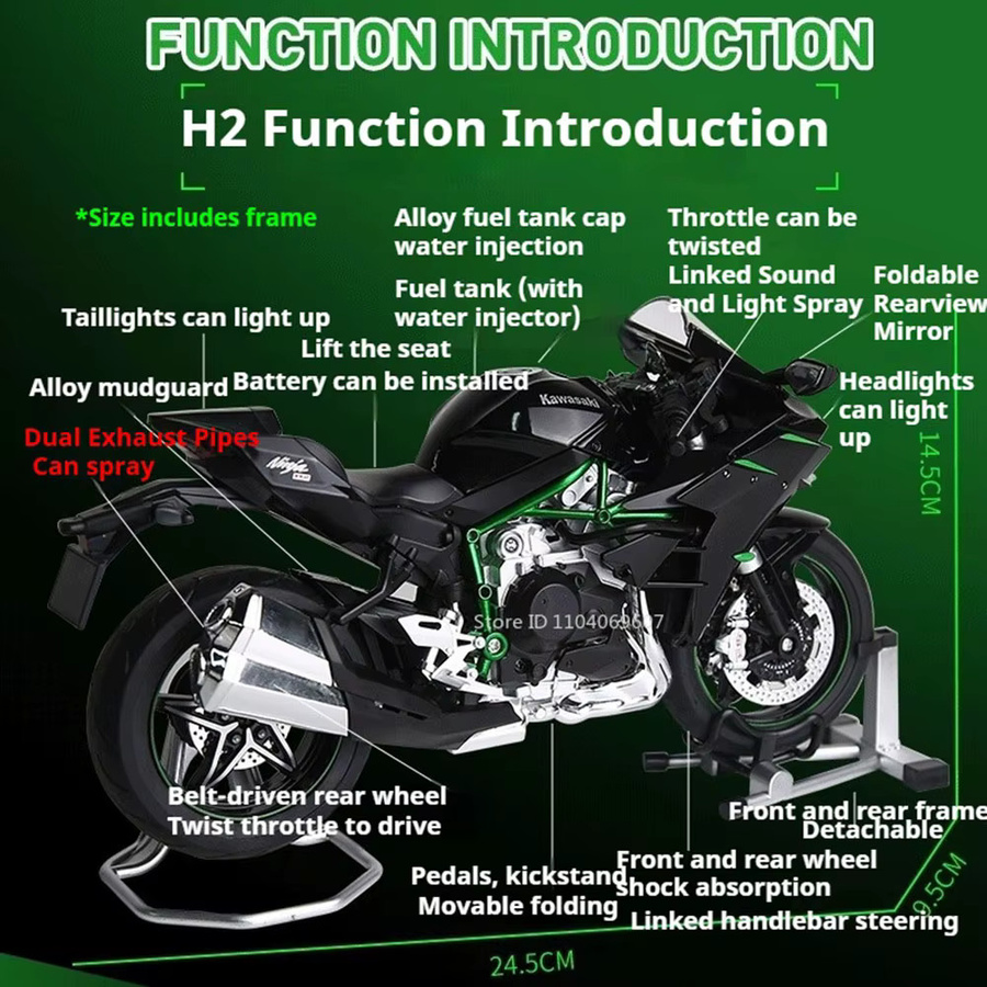 MAKEDA Kawasaki H2R Motorrad Modell, Maßstab 1:9, Metall, Diecast - Bild 5