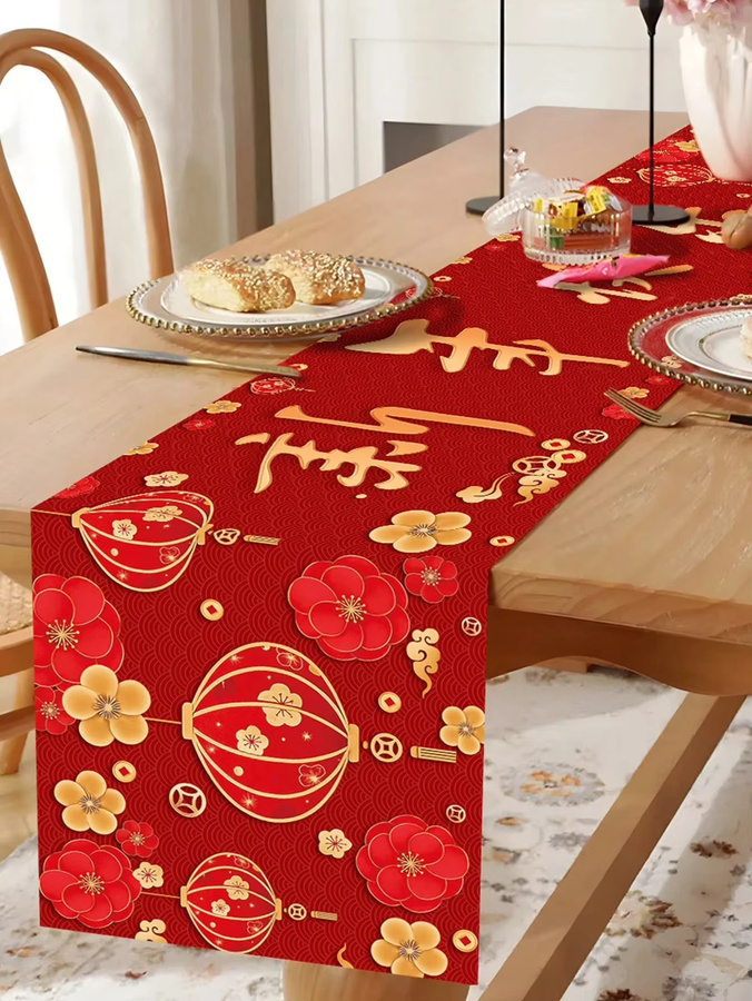 JIT Tischläufer Chinesisches Neujahr in Rot aus Leinen mit orientalischem Grafikdruck - Bild 2