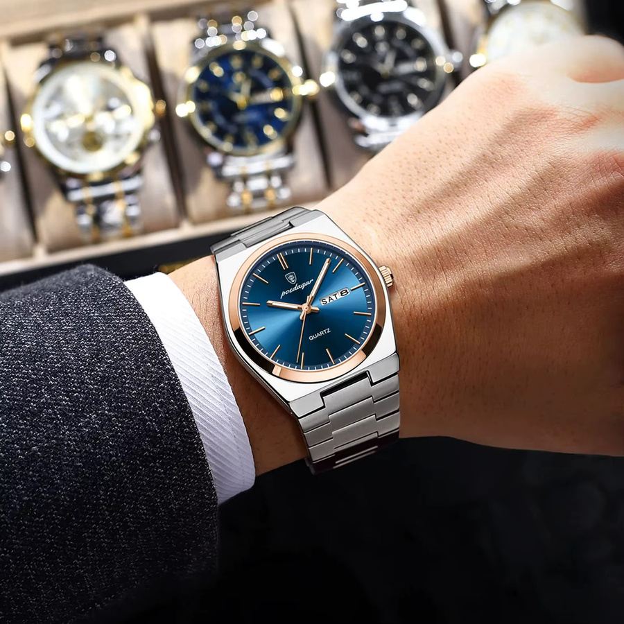 POEDAGAR Armbanduhr Edelstahl, Quarz, Blau, Silber, Herren - Bild 5